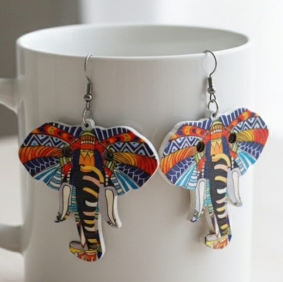 Elephant earrings, wooden elephant earrings, dangle earrings. 2.5 Inches - Picture 5 of 10